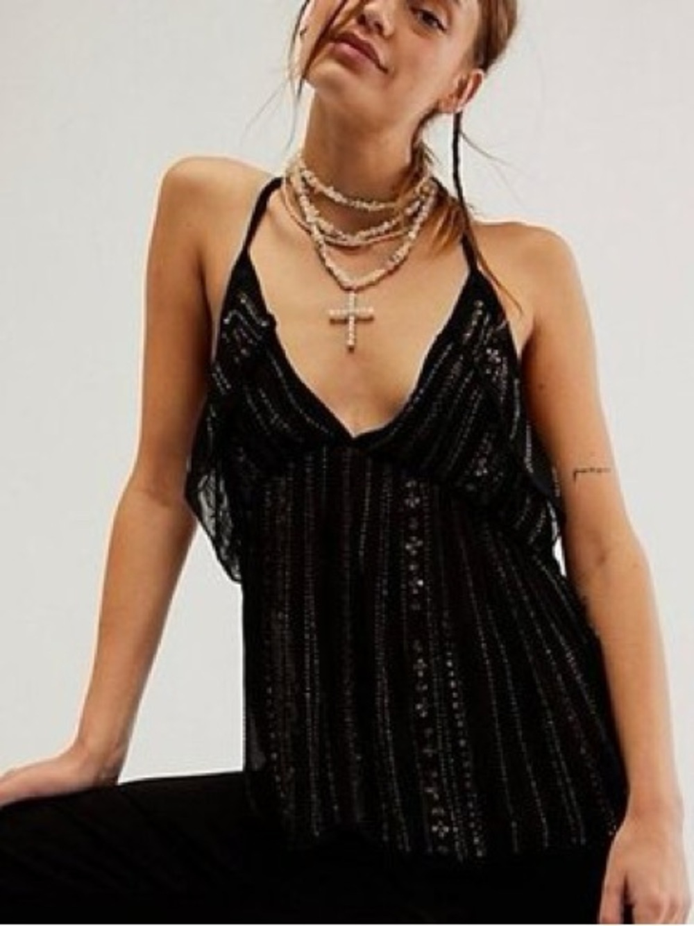 Free People Black Strappy Sequin V-Neck Cami Size M 100% Viscose